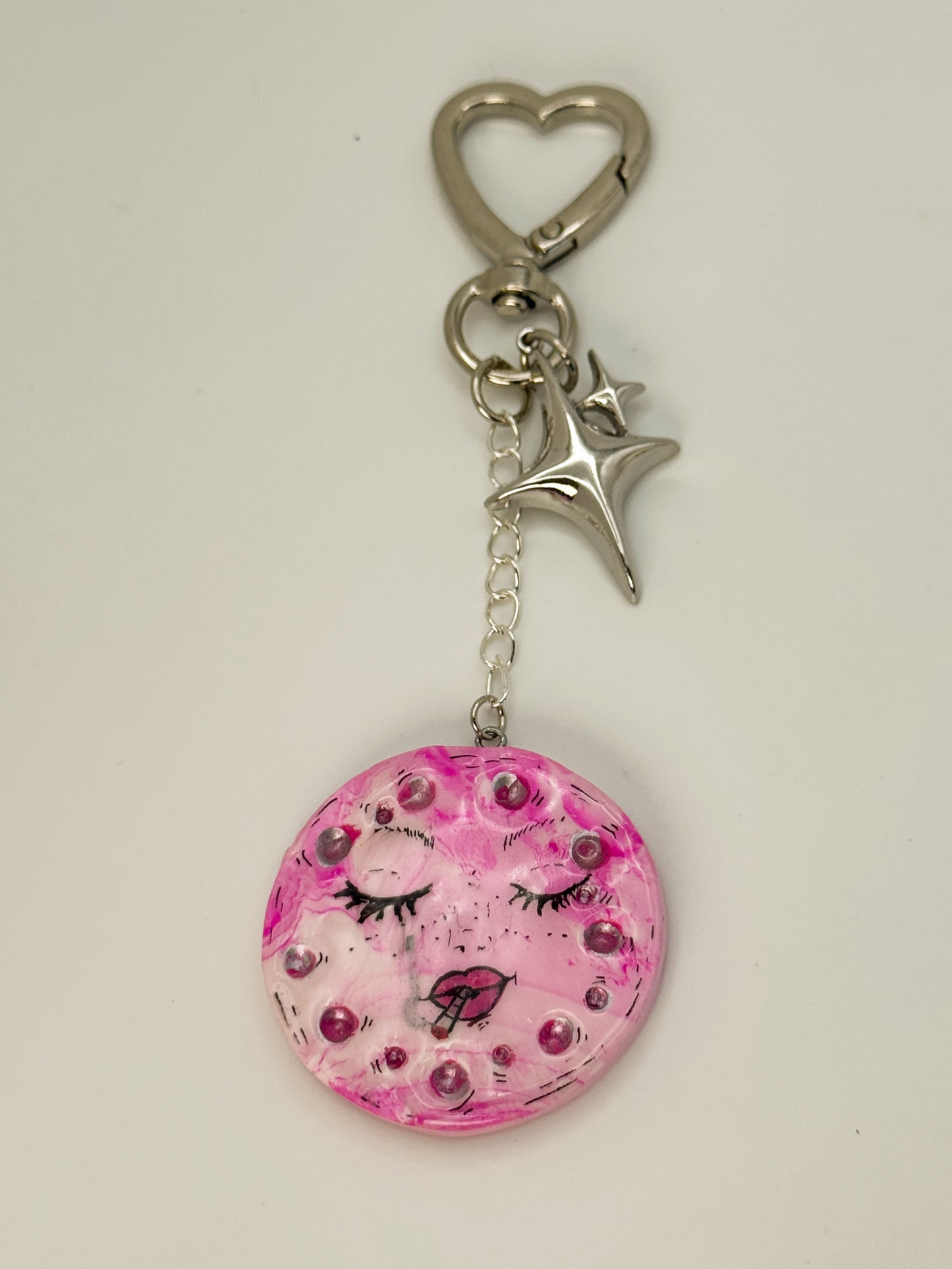 Smoking Moon Keychain – Hand-Painted Polymer Clay Celestial Bag Charm
