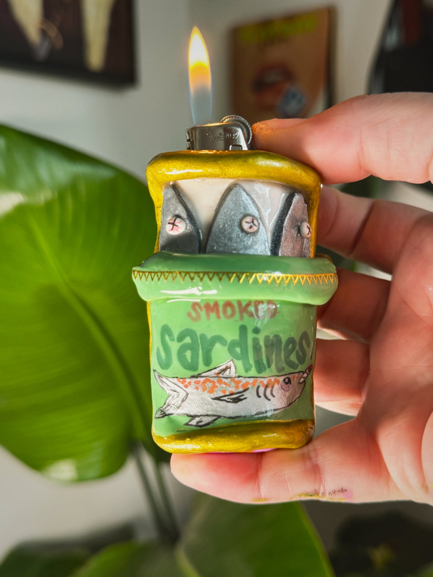 Smoked Sardine Tin Lighter Case| Fits Standard Bic | Handmade Polymer Clay Art