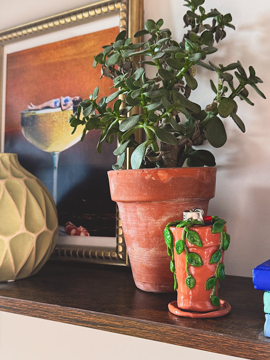 Pothos Lighter Case with Drip Dish – Handmade Polymer Clay