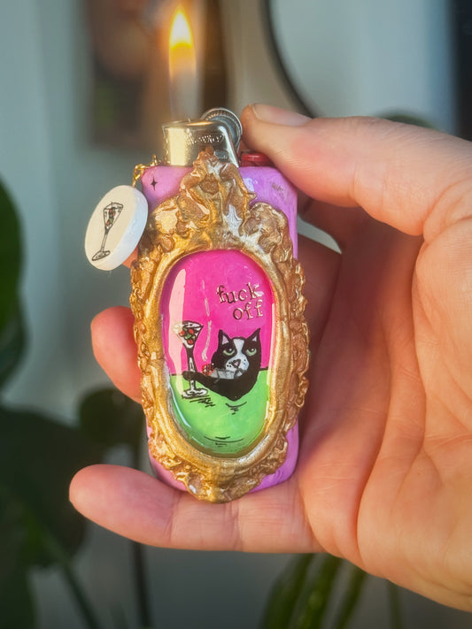 Meowtini Cat Lighter Case with charm| Fits Standard Bic | Handmade Polymer Clay Art