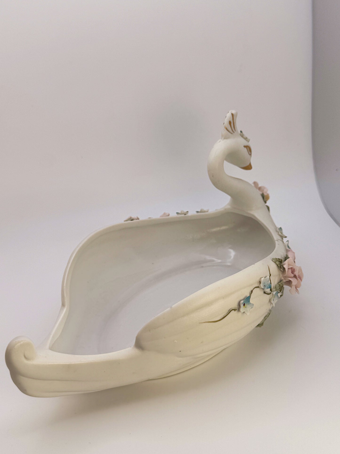 Vintage Hand-Painted Swan Jewelry Dish with Floral Details