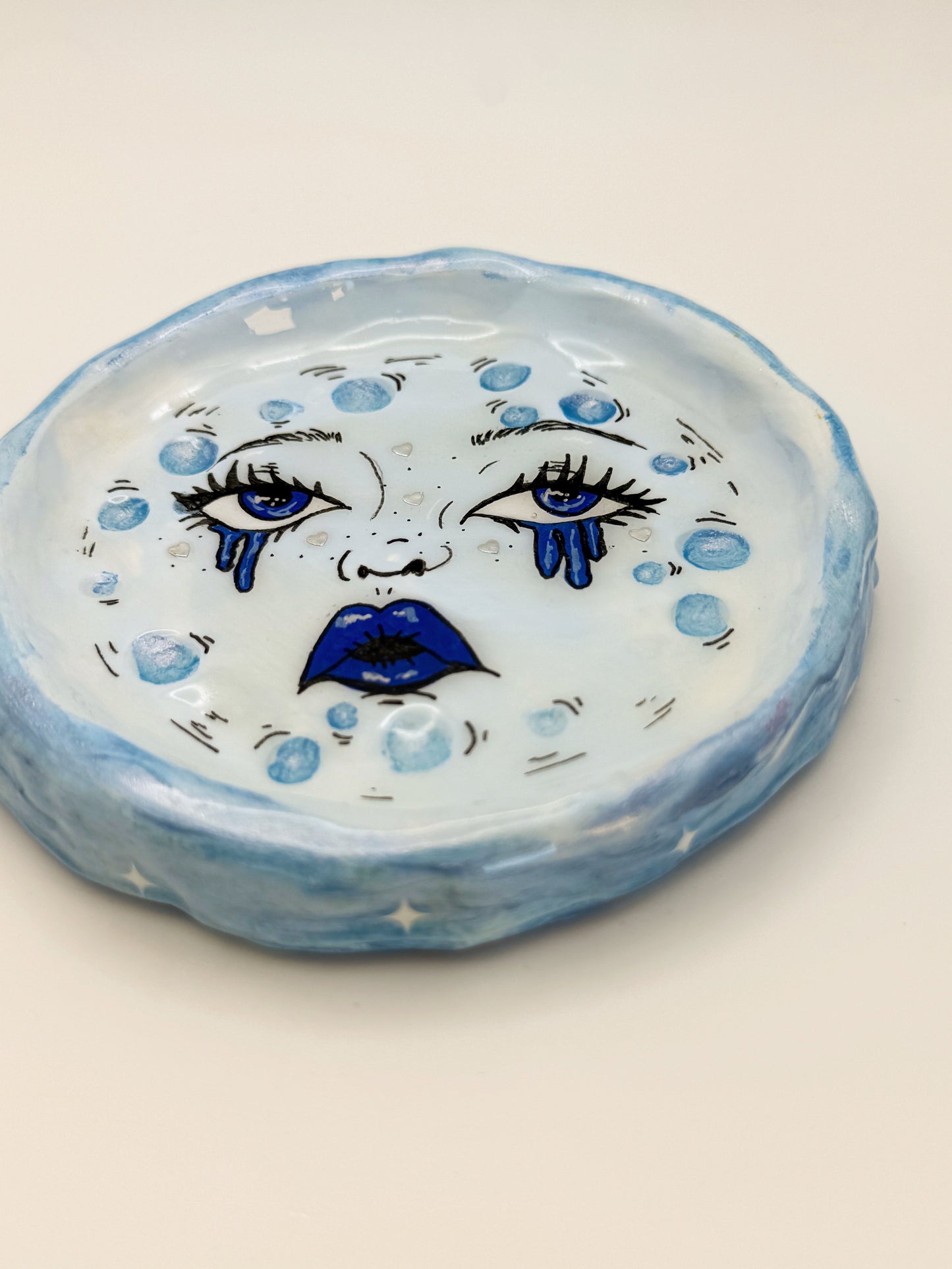 Sad Girl Moon Trinket Dish | Blue Celestial Ring Dish | Handmade