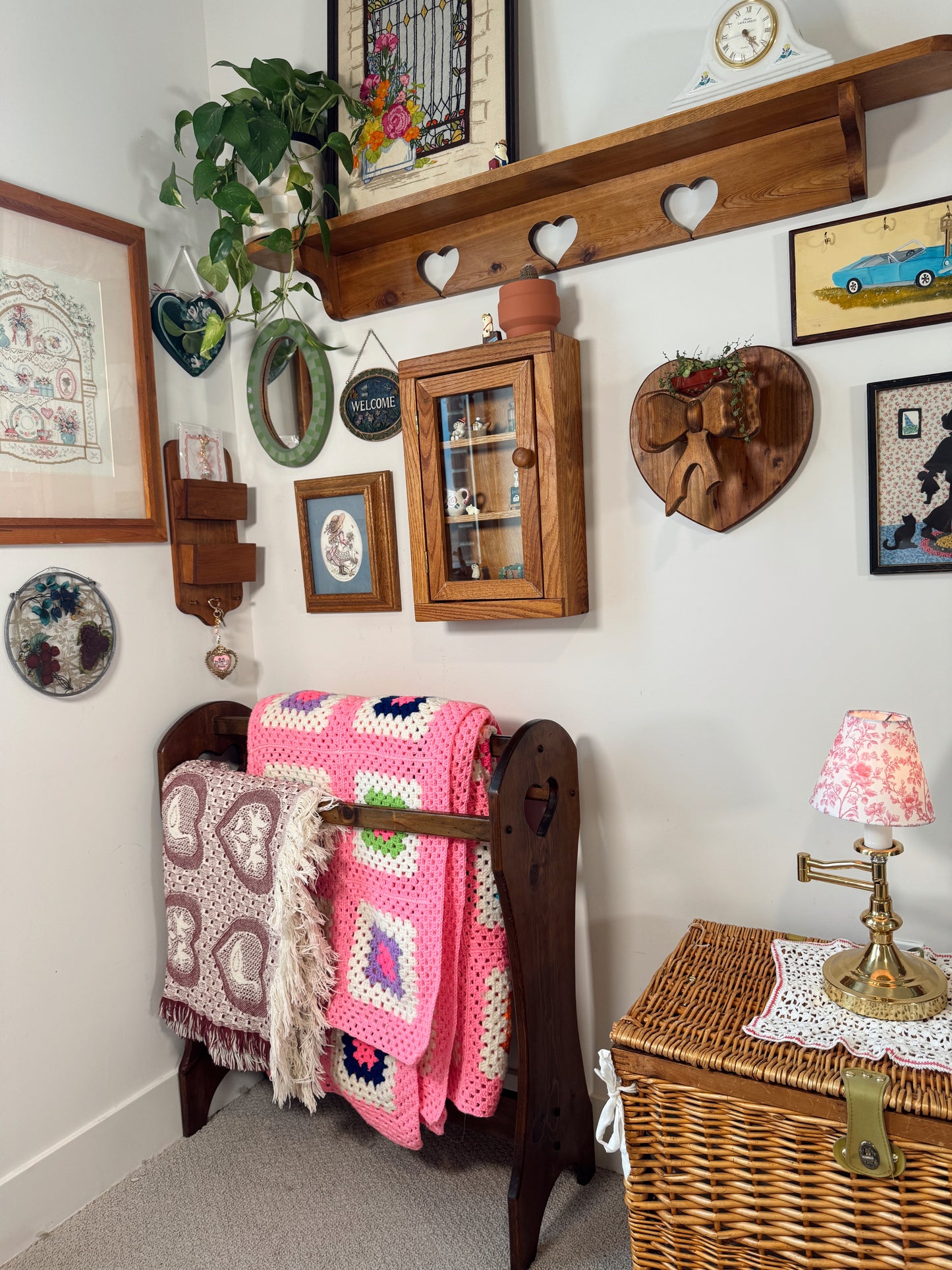 Vintage Wooden Heart Wall Shelf with Bow Detail