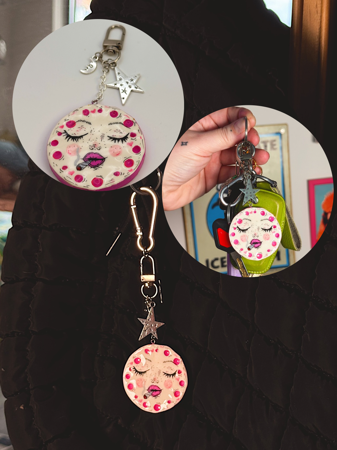 Smoking Moon Face Keychain – Hand-Painted Celestial Charm