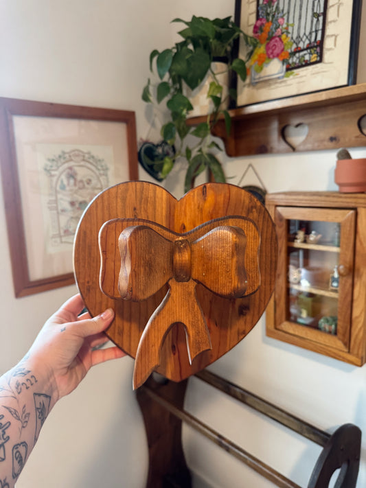 Vintage Wooden Heart Wall Shelf with Bow Detail