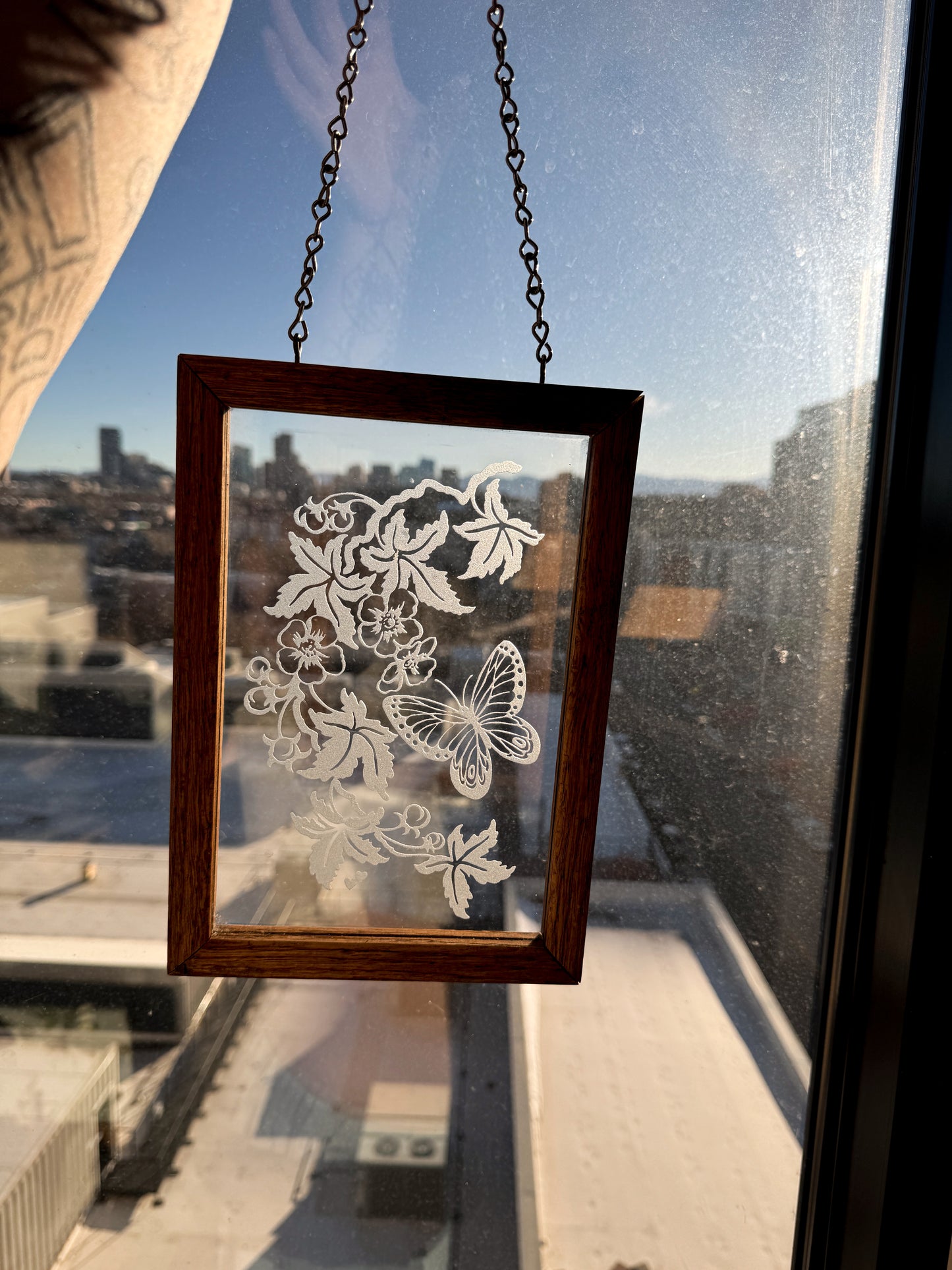 Vintage Etched Glass Butterfly Window Hanging | Wood Frame Suncatcher