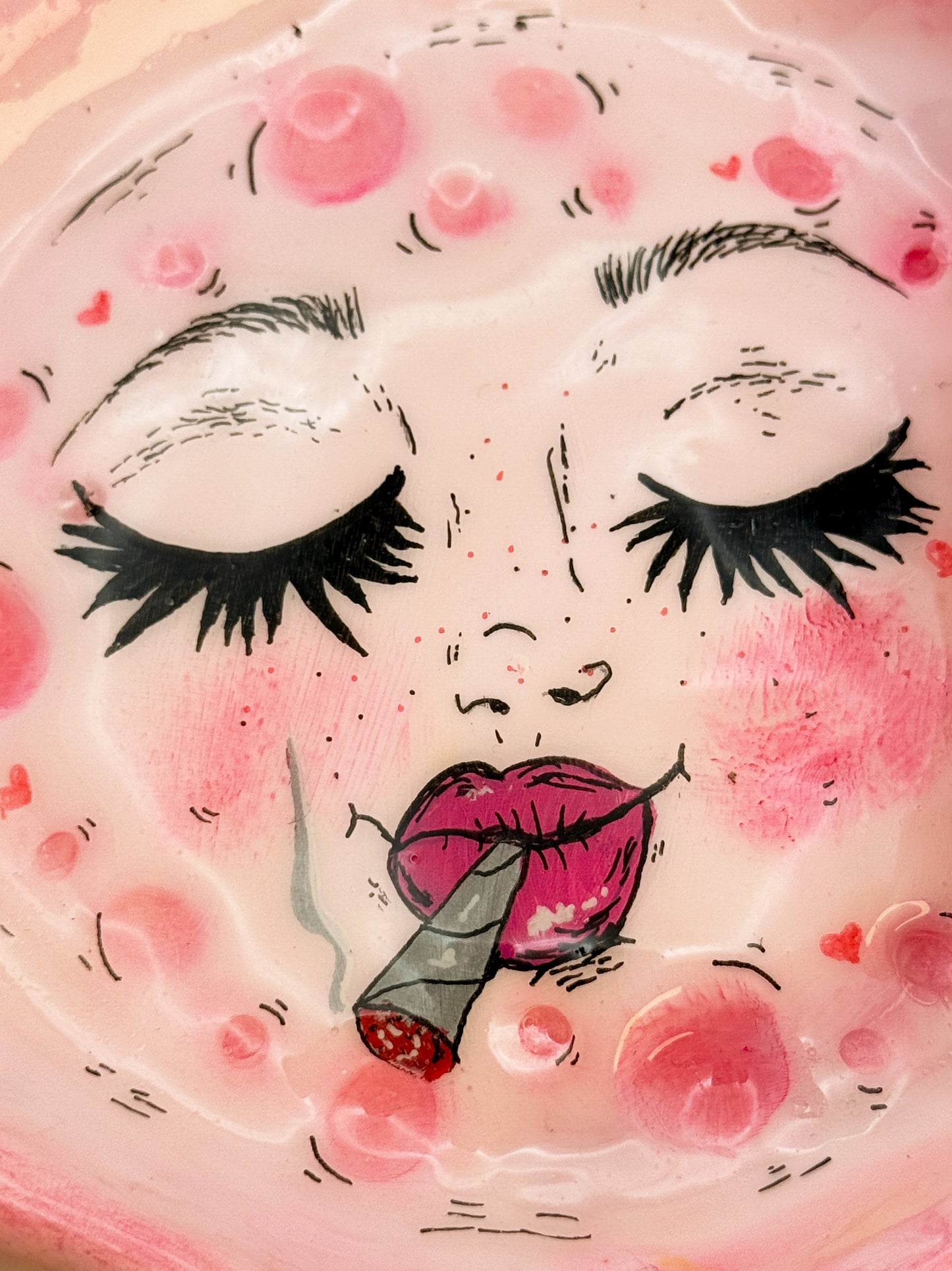 Pink Smoking Moon Ashtray – Hand-Painted Celestial Moon Dish (5.5”)