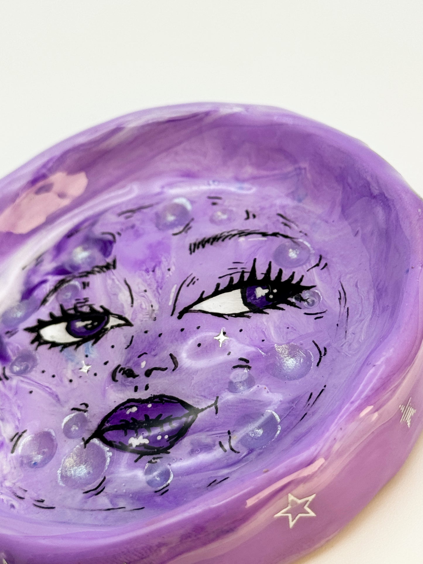 Handmade Moon Face Ring Dish – 3.5” Polymer Clay Celestial Trinket Dish – Purple Starry Jewelry Dish