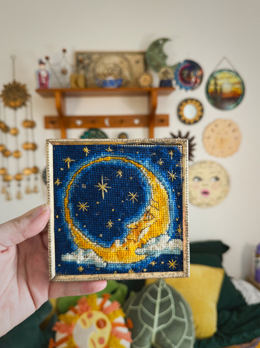 Vintage Celestial Moon Needlepoint – 5.5” Framed Whimsigoth Wall Art