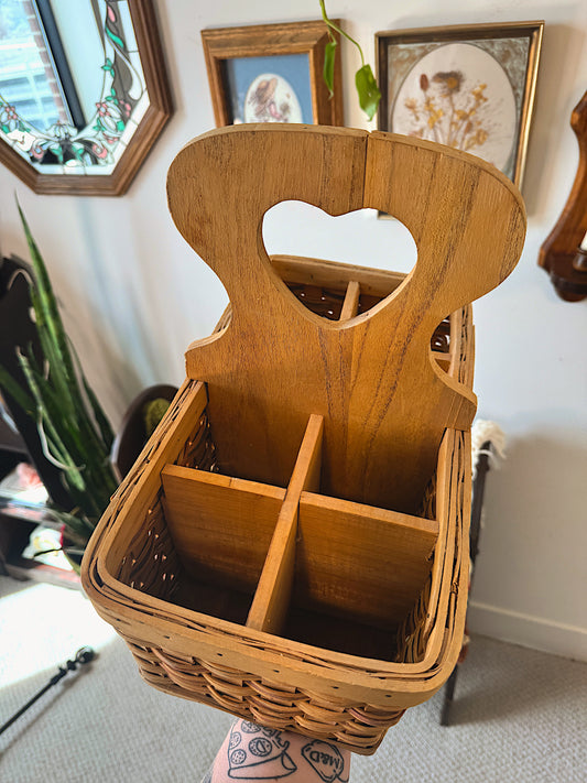 Vintage Wooden Divided Basket with Handle – Cottagecore Picnic / Utensil Organizer – Heart Cutout