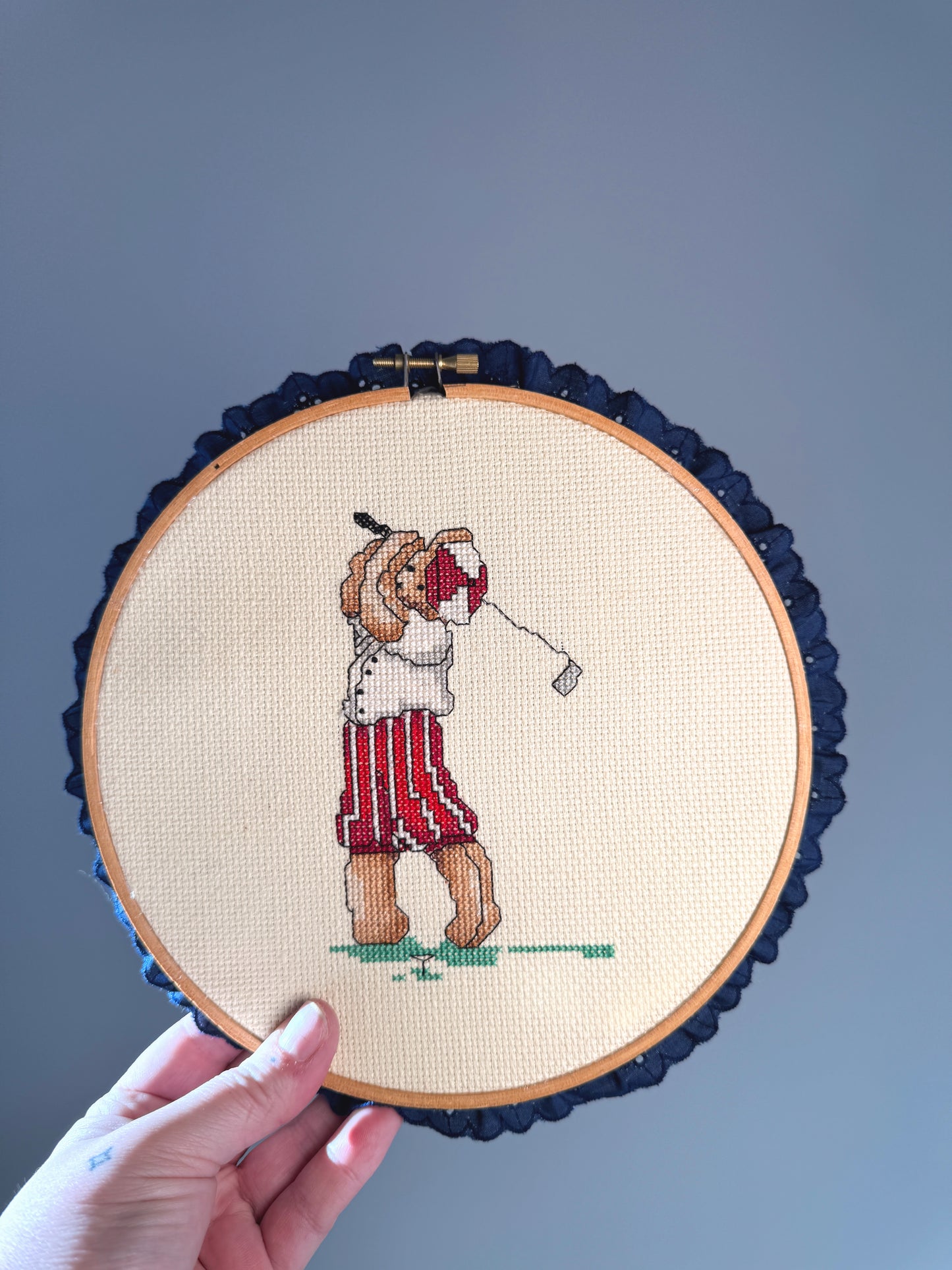 Vintage Golfing Bear Cross Stitch Wall Hanging | Framed Embroidery Hoop Art