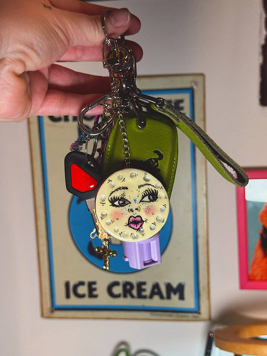 Moon Face Keychain & Bag Charm – Hand-Painted Celestial Charm with Star Accen