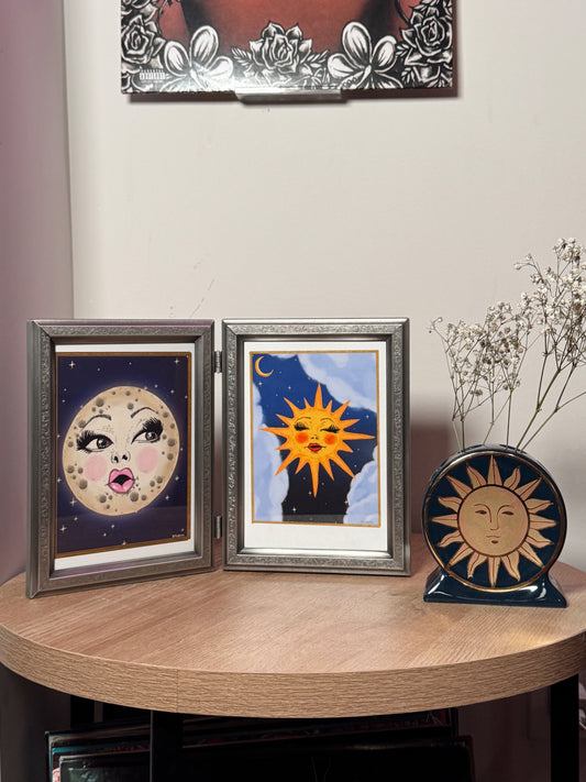 Vintage Hinged Double Frame with Sun & Moon Art Prints – Celestial Wall or Table/Shelf Display