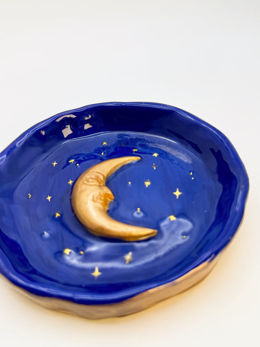 Handmade 90s Celestial Moon Trinket Dish – 4.5” Polymer Clay Starry Night Dish – Blue & Gold Jewelry Dish