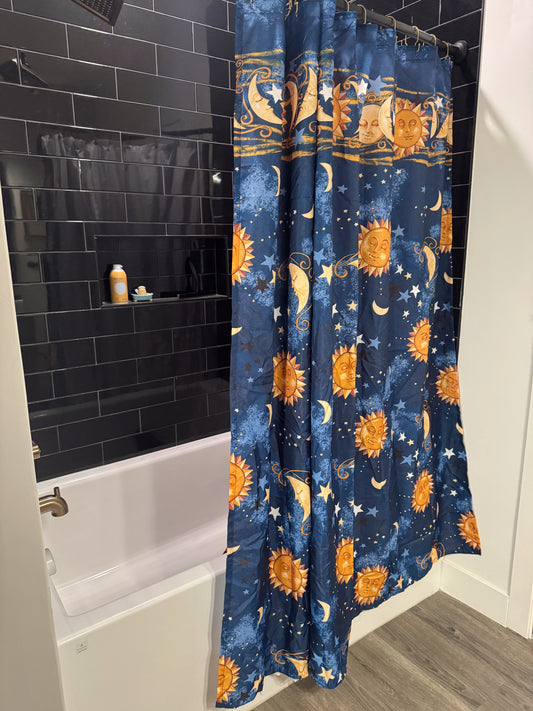 Vintage 90s Celestial Sun & Moon Shower Curtain – Y2K Astrology Bathroom Decor
