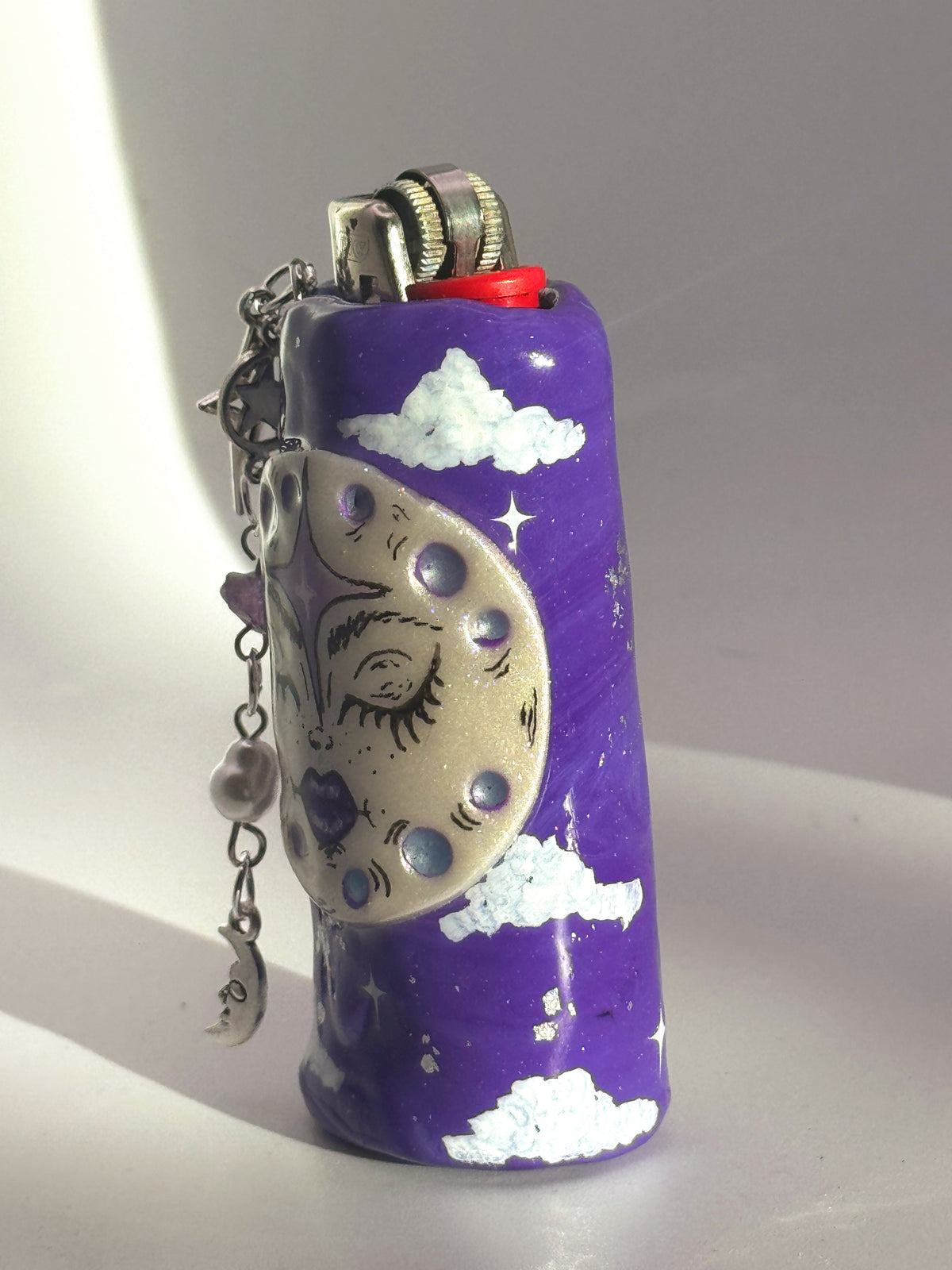 Whimsical Moon Case with charm| Fits Standard Bic | Handmade Polymer Clay Art
