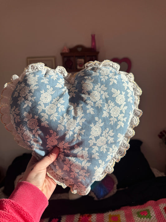 Vintage Floral Heart Pillow with Lace Trim – Double-Sided Cottagecore Decor (13”)