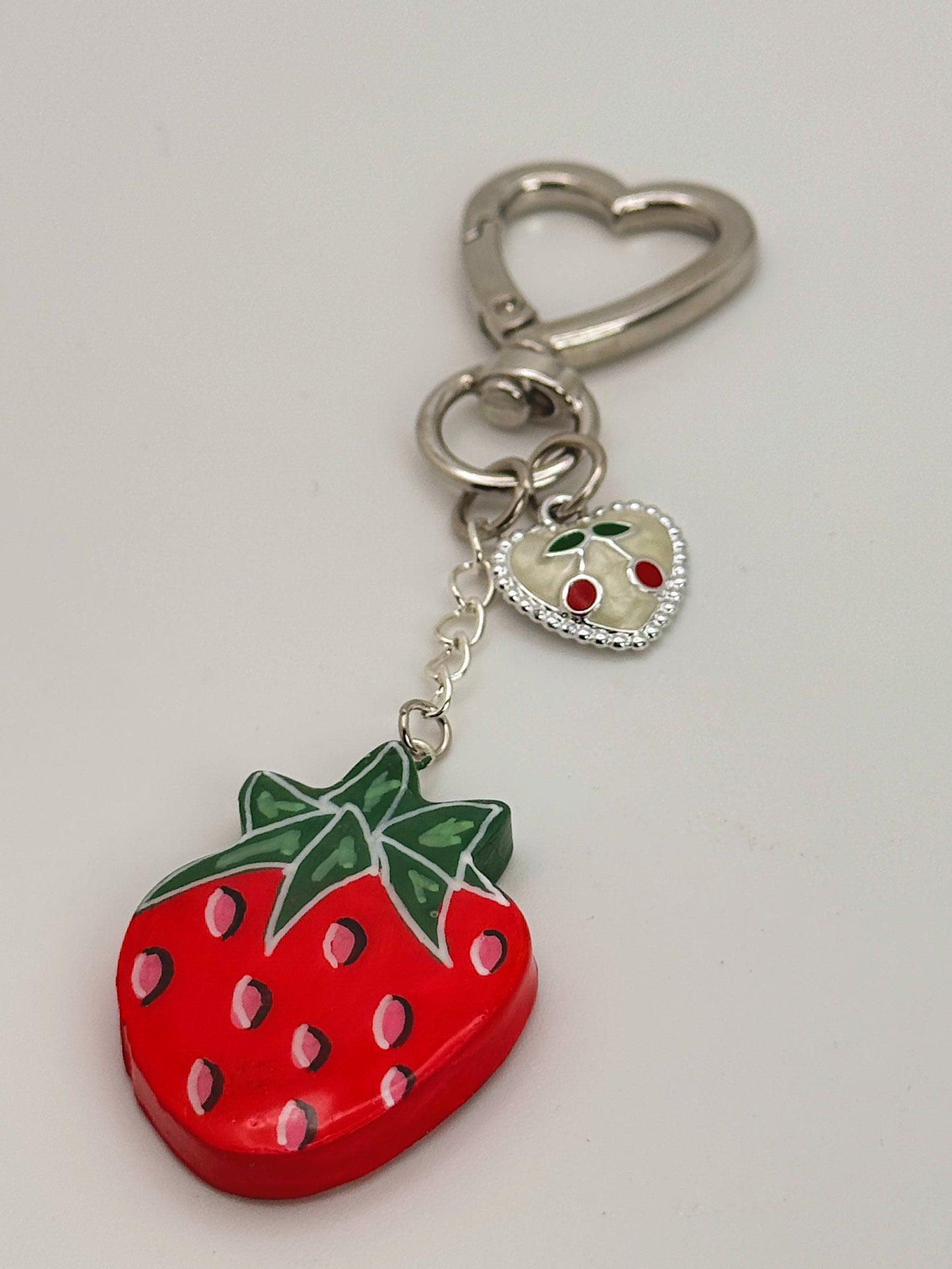 Mini Strawberry Bag Charm – Silver Heart Clip with Cherry Accent