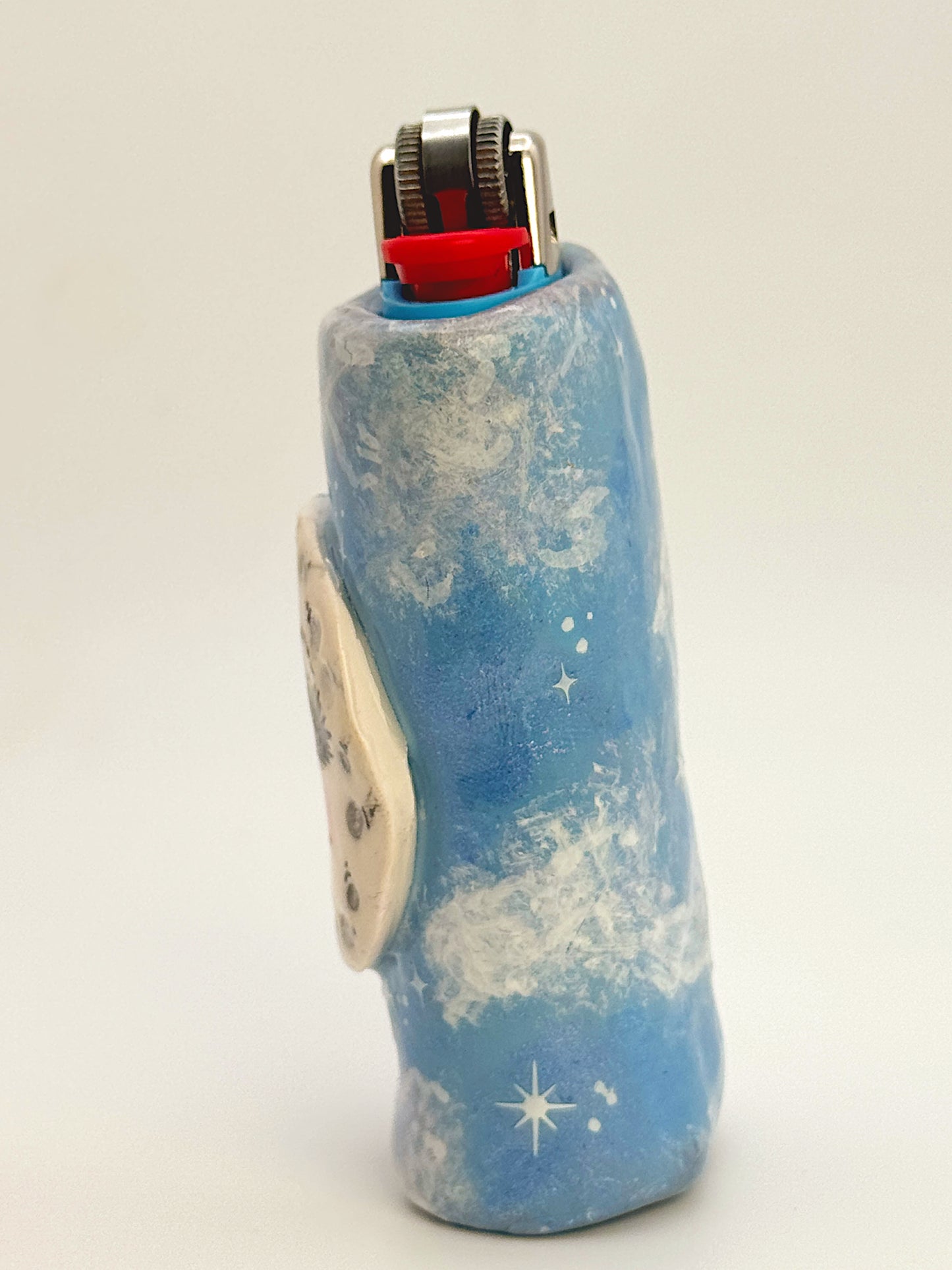 Celestial Moon Lighter Case – Hand-Painted Blue Sky Design