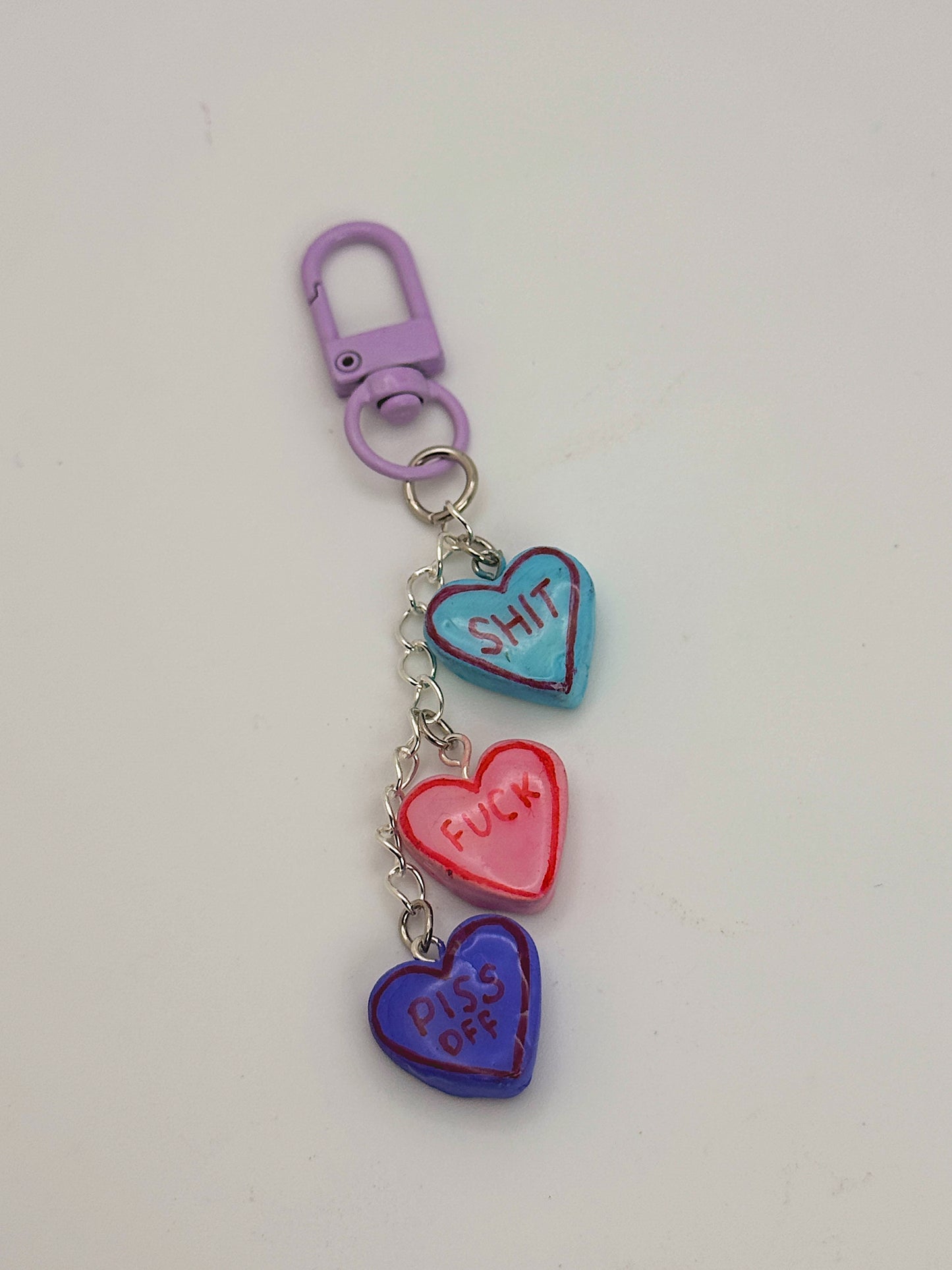 Sassy Conversation Hearts Bag Charm – Purple Clip with Bold Statement Heart Charms