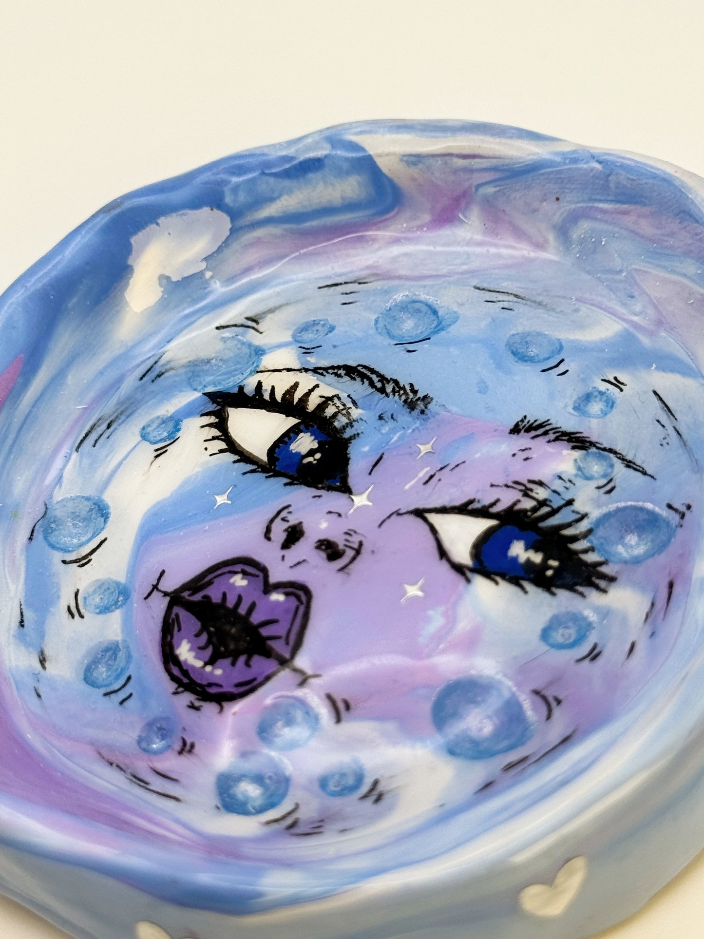 Handmade Moon Face Ring Dish – 3.5” Polymer Clay Celestial Trinket Dish – Blue & Purple Starry Jewelry Dish
