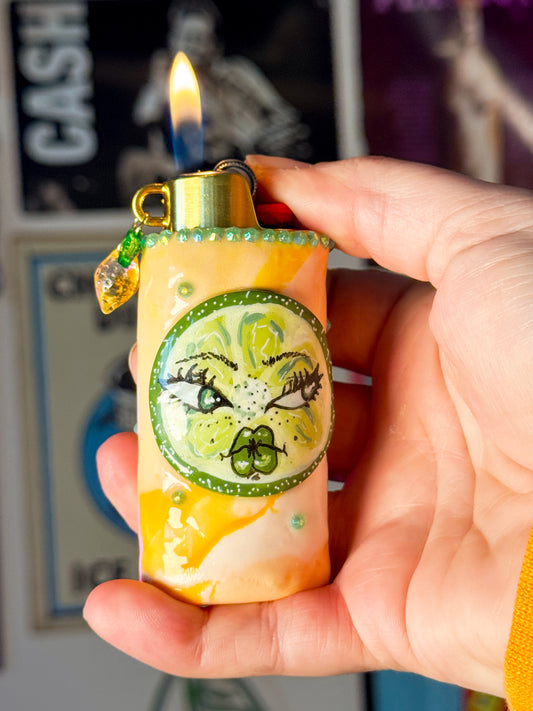 Sassy Lime Lighter Case w/ charm | Fits Standard Bic | Handmade Polymer Clay Art