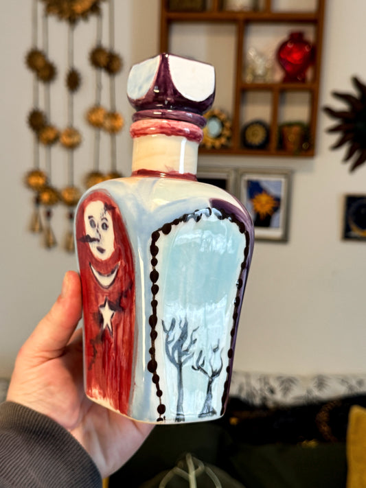 Vintage Hand Painted Sun & Moon Folk Art Bottle / Decanter – Celestial Decor