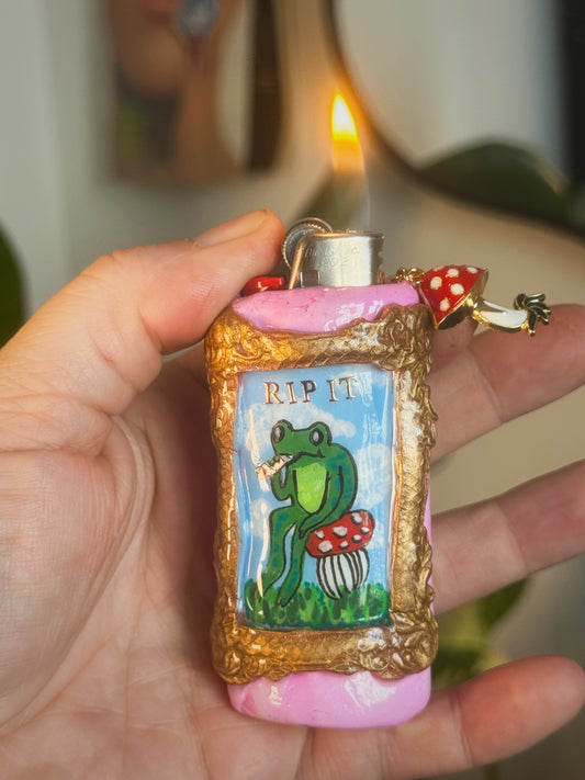 Rip It Frog Lighter Case with charm| Fits Standard Bic | Handmade Polymer Clay Art