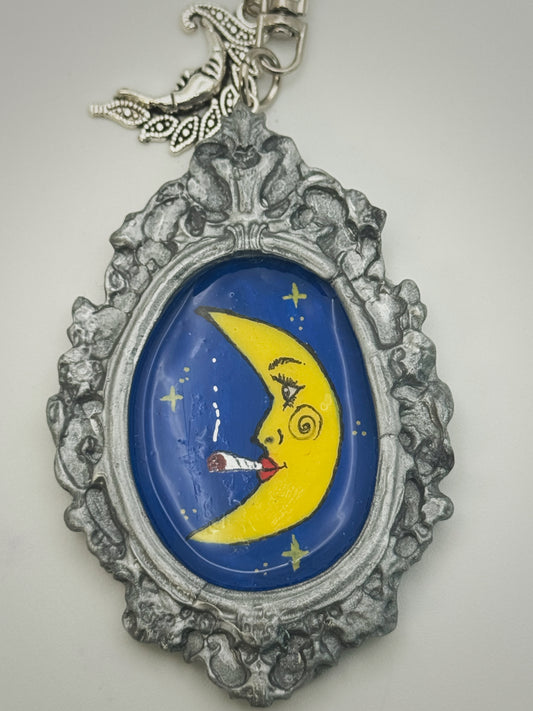 Vintage Frame Smoking Moon Keychain – Handmade Polymer Clay Bag Charm
