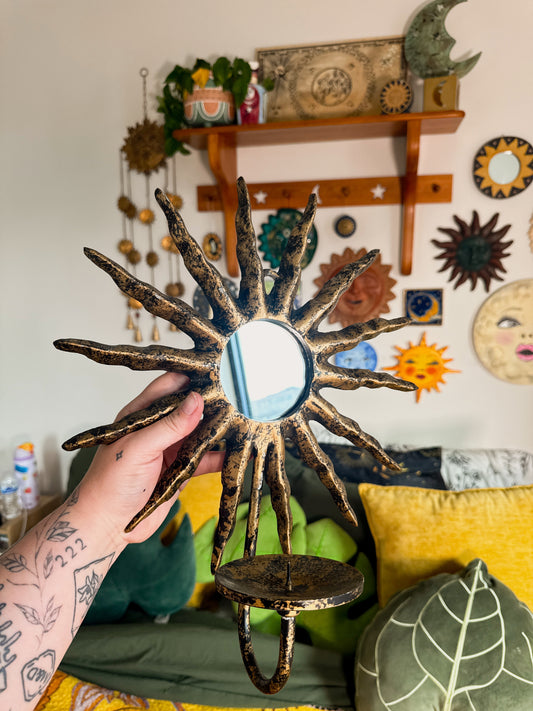Vintage Sun Mirror Wall Sconce | Celestial Candle Holder | Gold Black Metal Decor