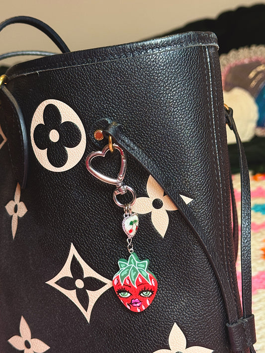 Mini Strawberry Bag Charm – Silver Heart Clip with Cherry Accent