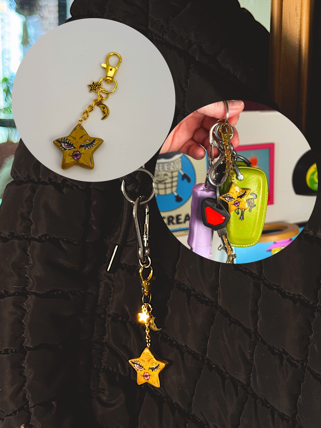 Mini Star Face Bag Charm – Hand-Painted Celestial Keychain with Gold Hardware