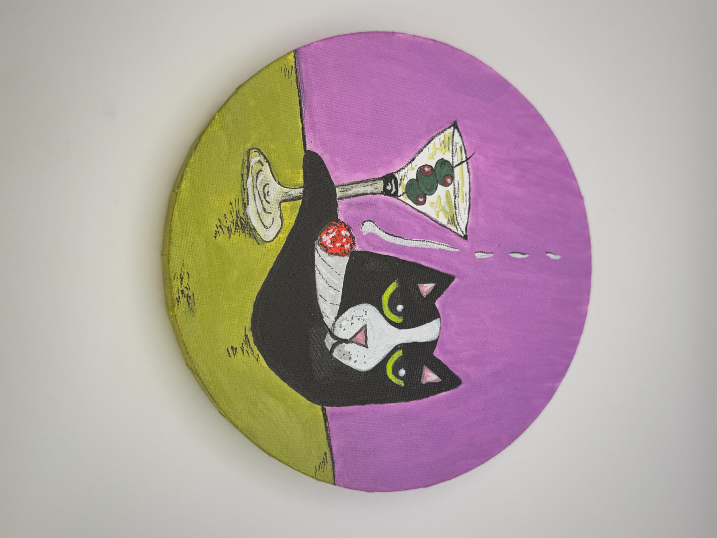 Dirty Martini Cat – Original Acrylic Painting on Round Canvas (6”)