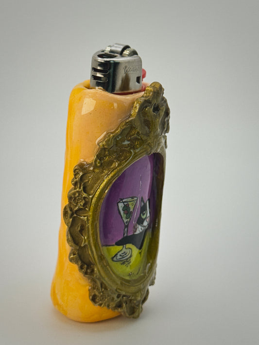 Vintage Frame Martini Cat Lighter Case| Fits Standard Bic | Handmade Polymer Clay Art