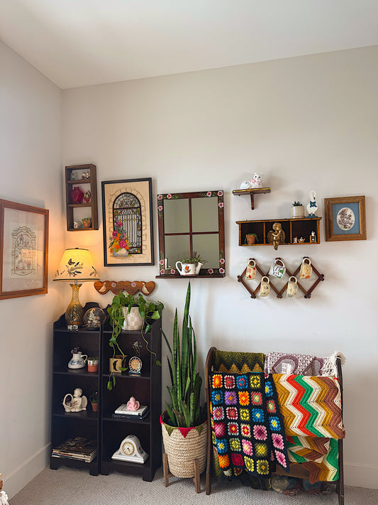 Vintage Wooden Wall Shelf w/ Gold Trim – Small Accent Display Shelf – Cottagecore / Gallery Wall Decor