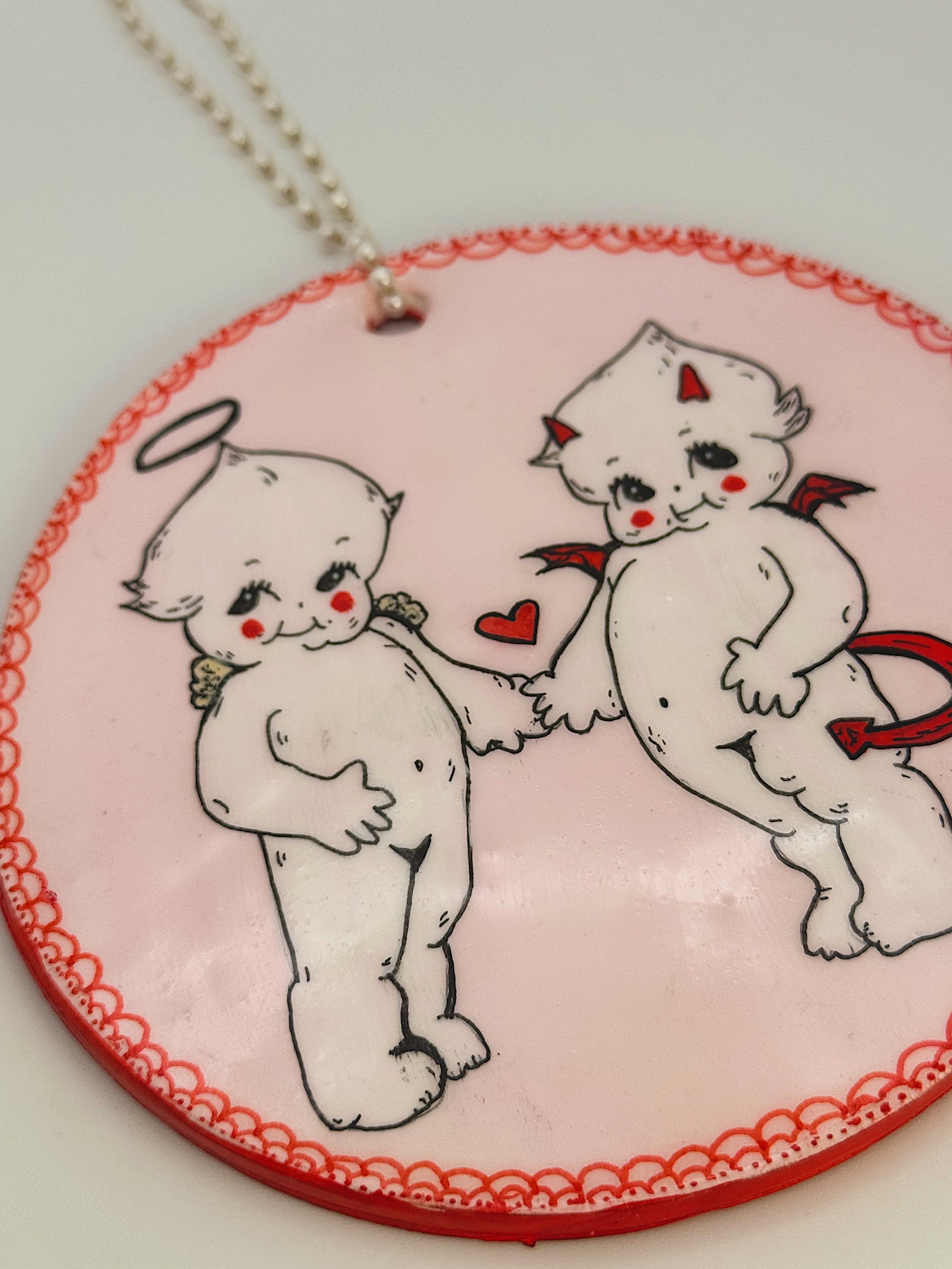 Angel & Devil Wall Hanging – Kewpie Inspired Handmade Pink Heart Décor with Pearl Hanger