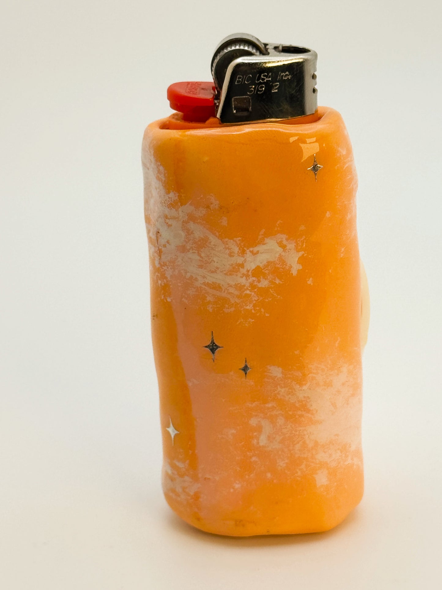 Handmade Smoking Moon Lighter Case – Polymer Clay Celestial Cover – Fits Standard Bic Lighter