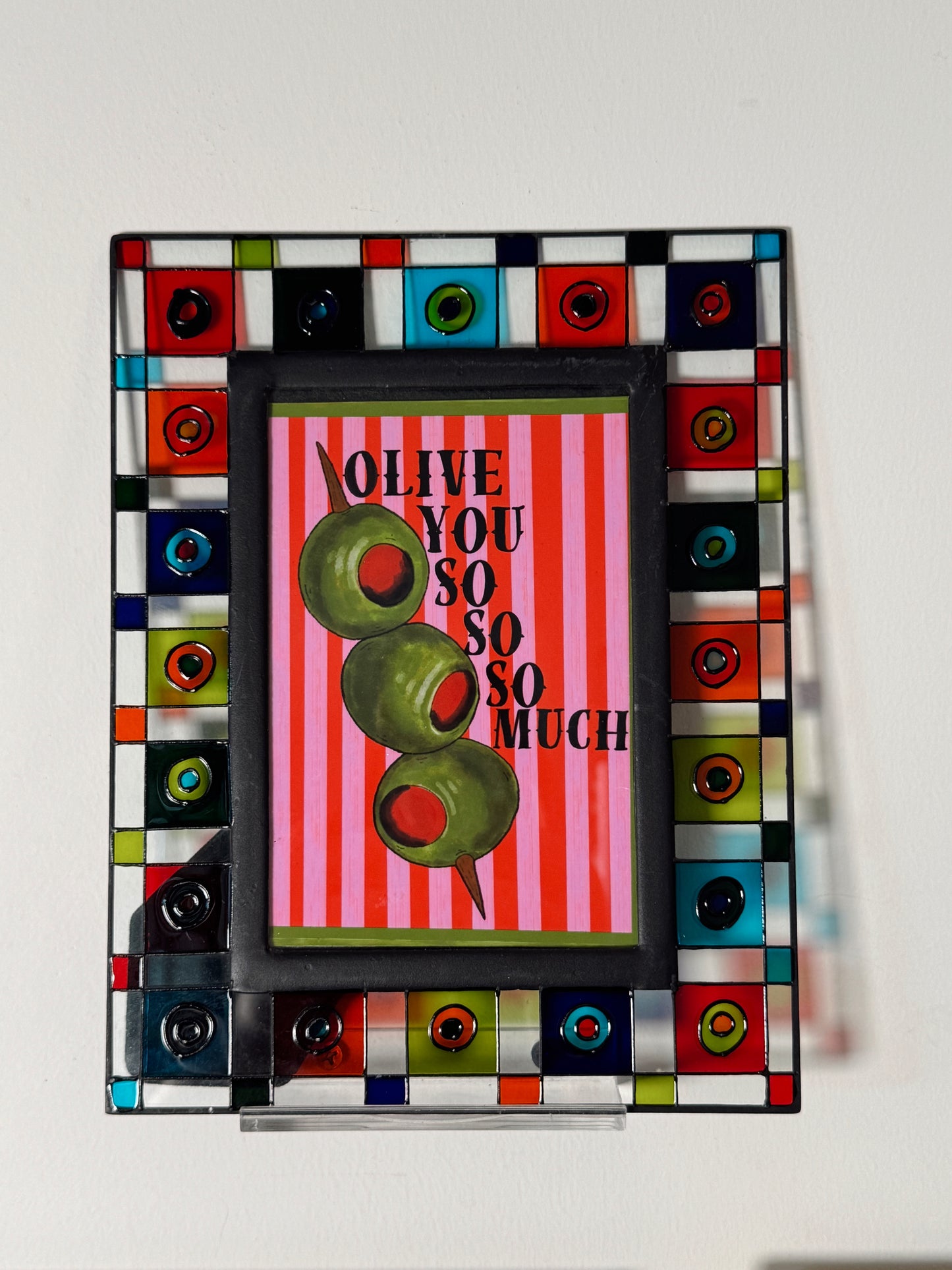 Vintage Stained Glass Picture Frame with “Olive You So Much” Art Print – 9” x 7”