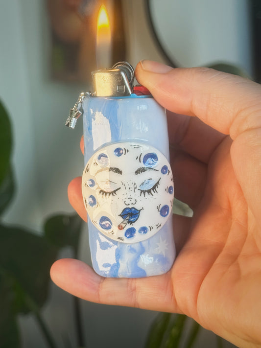 Smoking Moon Lighter Case with charm| Fits Standard Bic | Handmade Polymer Clay Art