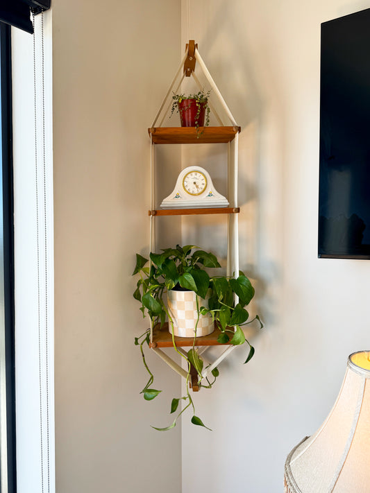 Vintage MCM Floating Canvas Hanging Shelf - Boho Hanging Plant Stand - 55" Tall
