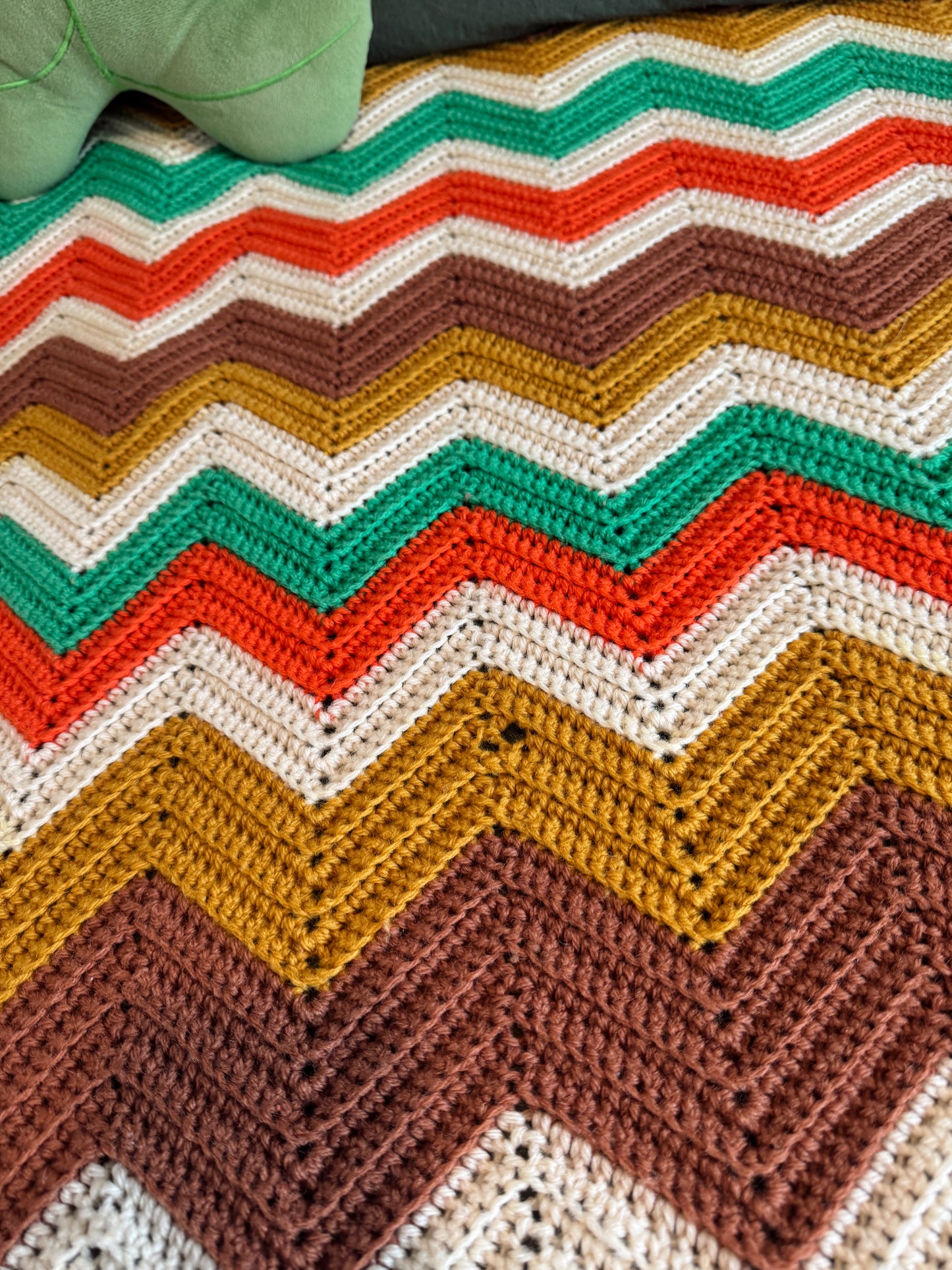 Vintage 1970s Chevron Knit Blanket – Retro Earth Tone Zigzag Throw – 71x61
