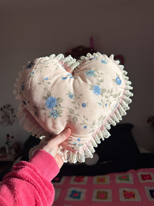 Vintage Lace-Trim Heart Pillow | Patchwork Floral Cottagecore Accent