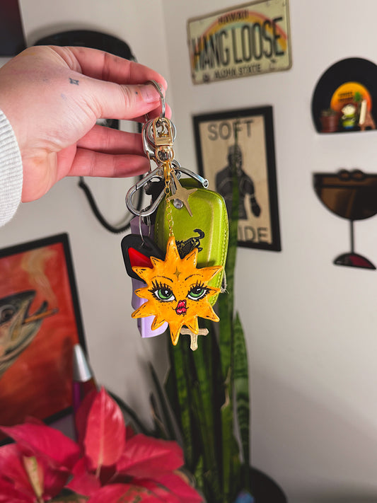 Miss Sunny Keychain Hand-Painted Sun Face Charm with Star Accent