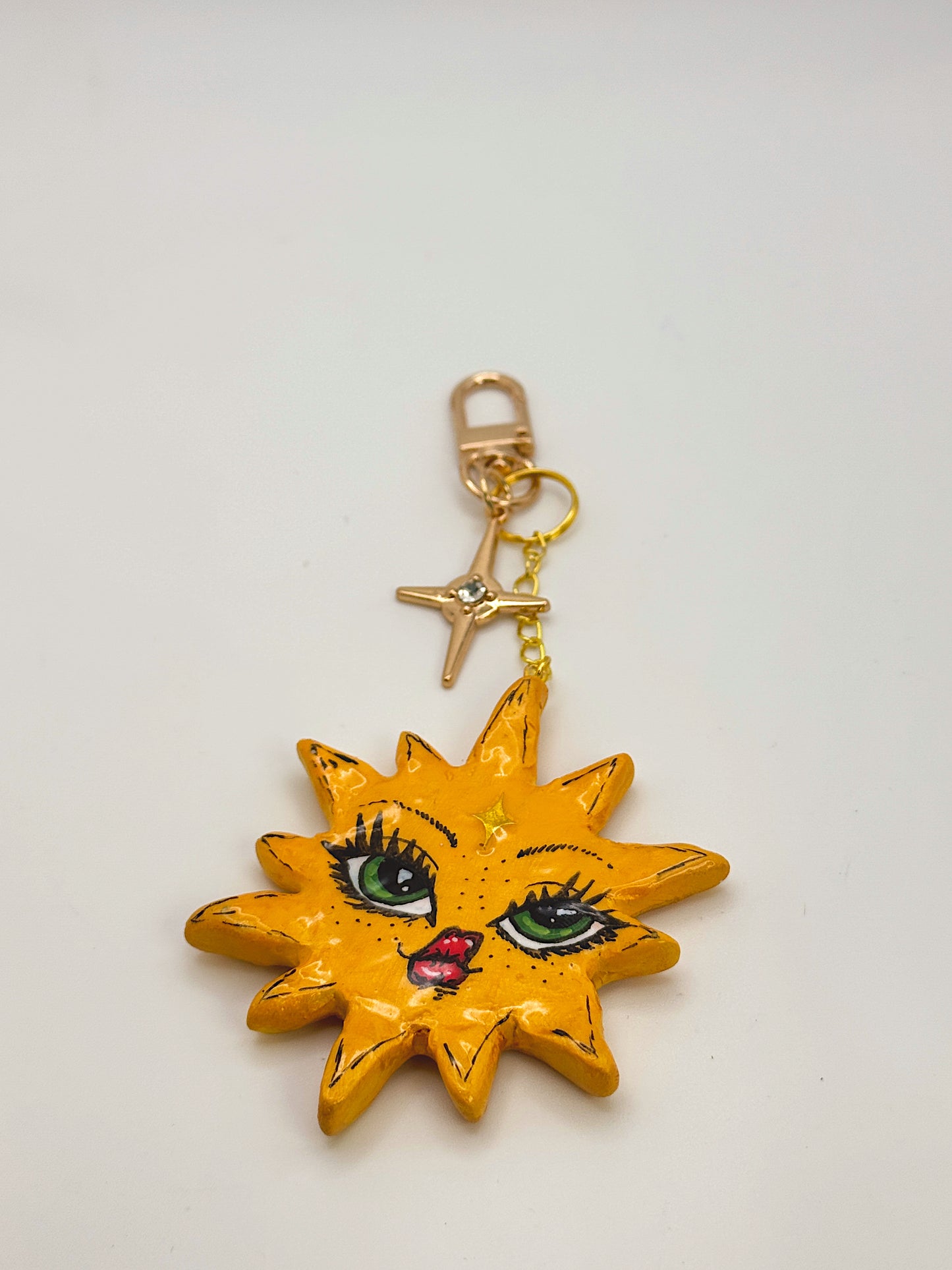 Miss Sunny Keychain Hand-Painted Sun Face Charm with Star Accent