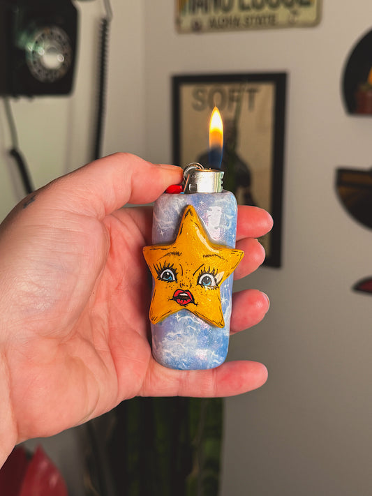 Celestial Star Lighter Case – Hand-Painted Blue Sky Design