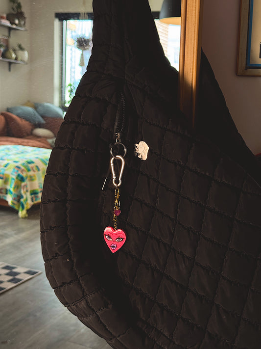 Heart Face Bag Charm – Hand-Painted Heart Keychain with Gold Charms