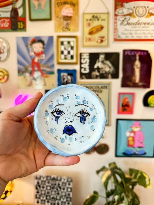 Sad Girl Moon Trinket Dish | Blue Celestial Ring Dish | Handmade