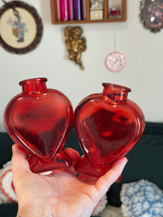 Vintage Red Glass Heart Bottles – Set of 2