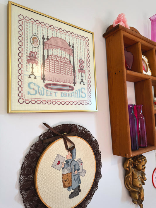 Vintage Cross Stitch Love Letter Wall Hanging with Lace Trim – Valentine’s Day Vintage Décor