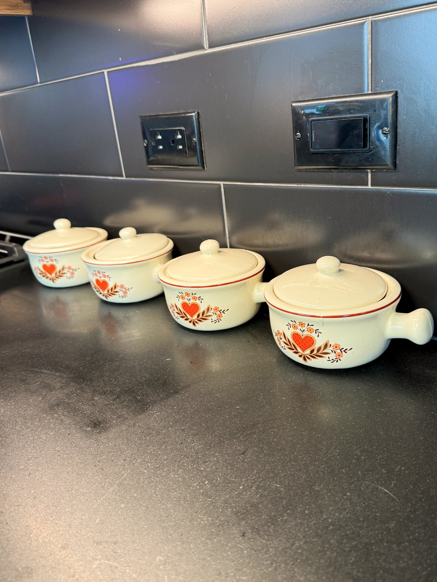 Vintage 1970s Heart Stoneware Soup Crock Set – Set of 4 with Lids